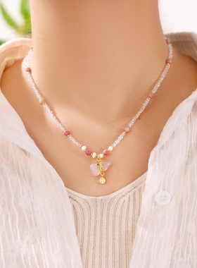 珞石红纹石白尖晶葫芦锁骨链项链