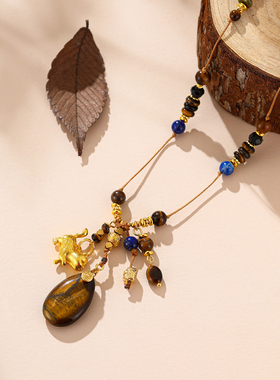 天然虎眼石水滴串珠项链女款新款