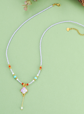 珞石宋锦紫水晶流苏锁骨链项链女