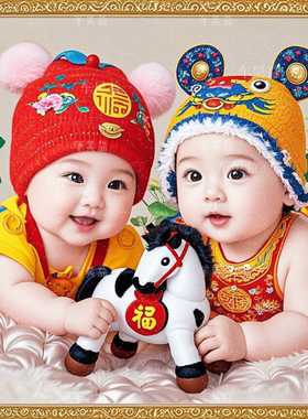 2026年新款龙凤胎双胞胎马年宝宝装饰婚房床头贴画富贵吉祥自粘贴
