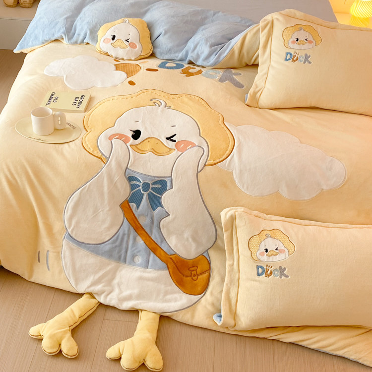 小鸭子牛奶绒四件套冬季加厚珊瑚绒卡通刺绣可爱风防静电儿童床品,淘宝优惠券,粉丝福利购,淘宝优惠卷