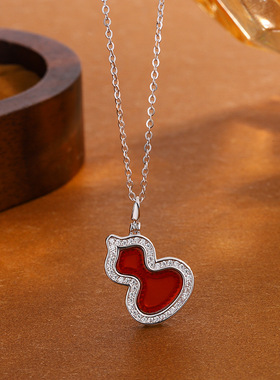 s925纯银红玛瑙葫芦福禄吊坠锁骨项链女款轻奢小众设计感送女友