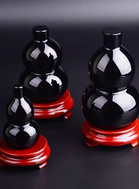 黑曜石葫芦摆件黑石客厅玄关纳福旺财水晶装饰品福禄风水家居摆件