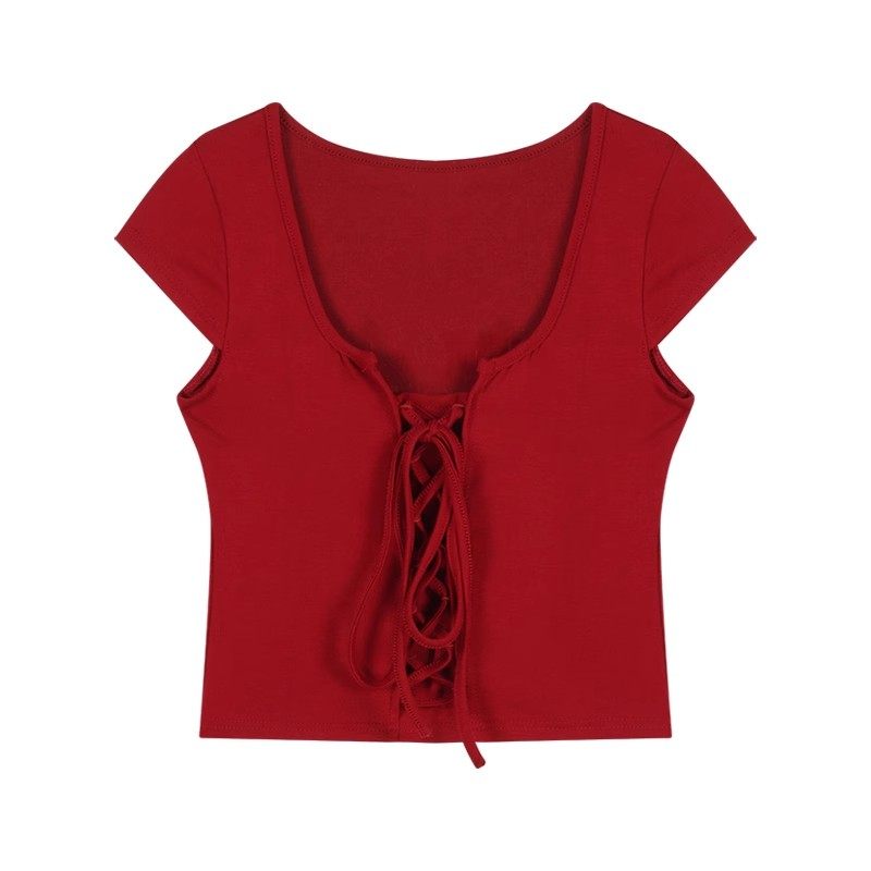 辣妹绑带低领短袖正肩T恤女夏季收腰紧身内搭红色短款绝美小上衣,淘宝优惠券,粉丝福利购,淘宝优惠卷
