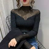 Кружевной трикотажный демисезонный приятный телу свитер, высокий воротник, облегающий крой, в западном стиле, по фигуре