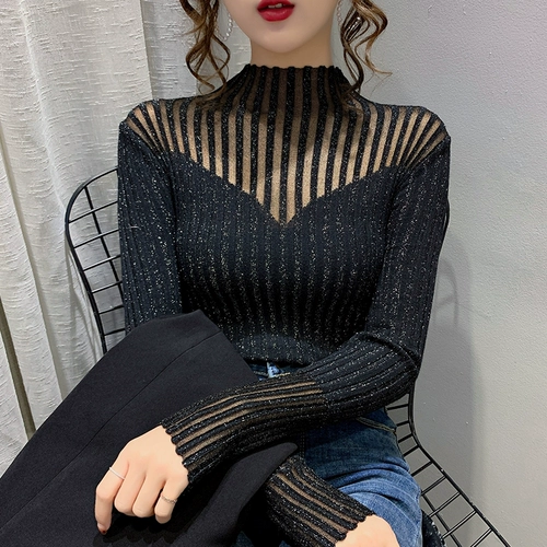 Кружевной трикотажный демисезонный приятный телу свитер, высокий воротник, облегающий крой, в западном стиле, по фигуре