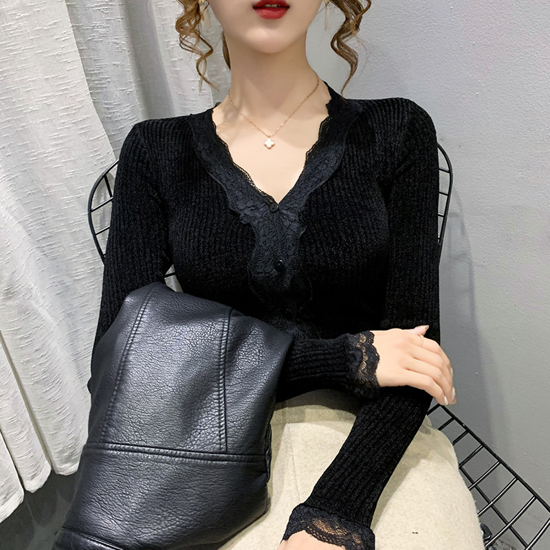 蕾丝花边V领新款天鹅绒开衫毛衣女士洋气修身打底衫秋冬针织上衣,淘宝优惠券,粉丝福利购,淘宝优惠卷