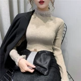 Кружевной демисезонный эластичный приятный телу трикотажный свитер, высокий воротник, в западном стиле