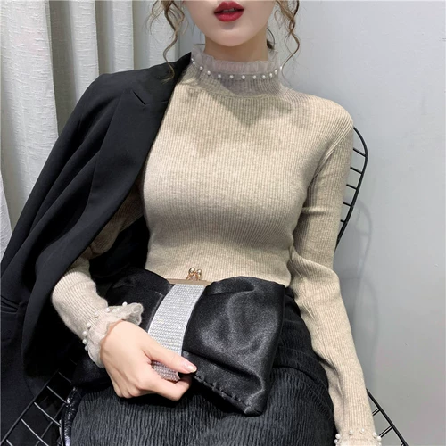 Кружевной демисезонный эластичный приятный телу трикотажный свитер, высокий воротник, в западном стиле