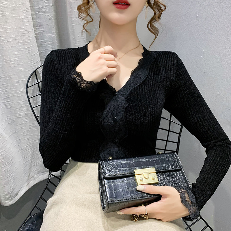 蕾丝花边V领新款天鹅绒开衫毛衣女士洋气修身打底衫秋冬针织上衣,淘宝优惠券,粉丝福利购,淘宝优惠卷