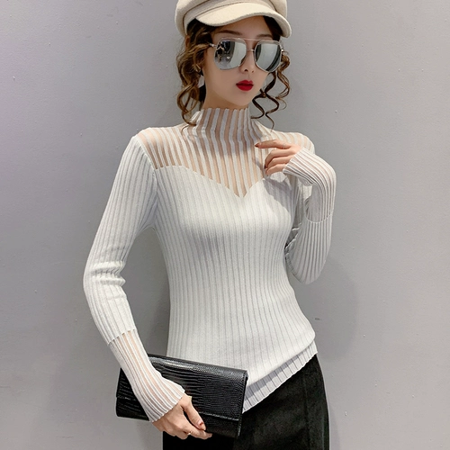 Кружевной трикотажный демисезонный приятный телу свитер, высокий воротник, облегающий крой, в западном стиле, по фигуре