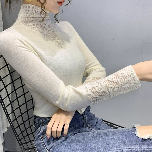 Кружевной трикотажный свитер, лонгслив, утепленные базовые приятные телу нарукавники, в западном стиле