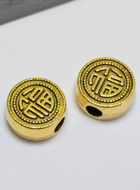 DIY饰品配件藏银合金复古手串散珠古银皮绳红绳手链大孔福字隔珠