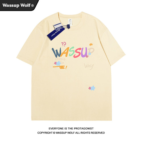 Wassup Wolf美式复古趣味彩色短袖T恤男夏季纯棉百搭情侣潮牌上衣 - 图2