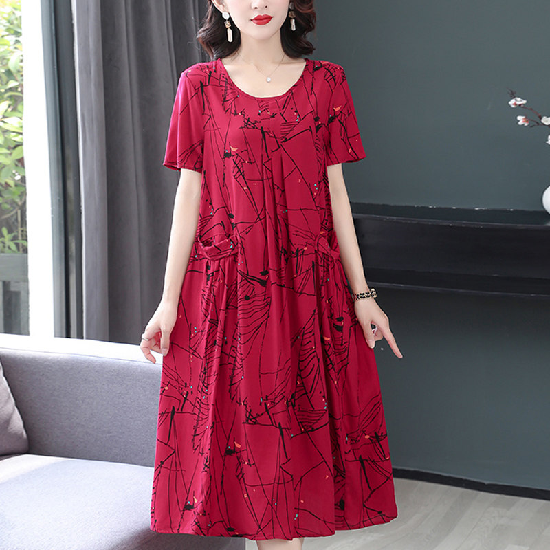 妈妈夏装棉绸大码宽松短袖连衣裙 锦雪飞虹服饰中老年女装