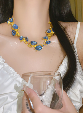 法式复古精致闪钻蓝色水晶锁骨链