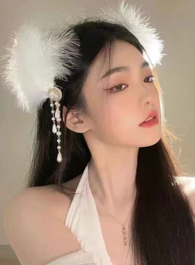 超仙气质羽毛发夹白色头饰