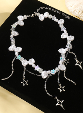 哥特朋克风叠戴珍珠十字架项链