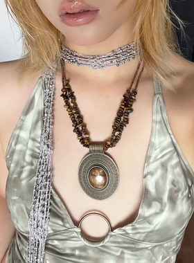 波西米亚风松石串珠古雕花纹项链