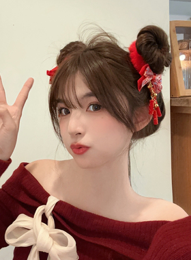 头绳毛绒新年国风流苏花朵儿童