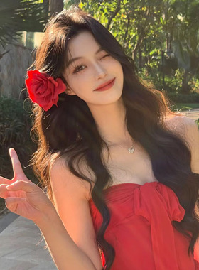 法式复古红色玫瑰花朵发夹头饰女