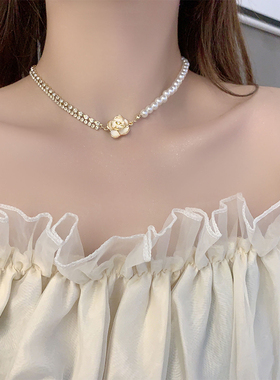 气质优雅金山茶花仿珍珠项链女