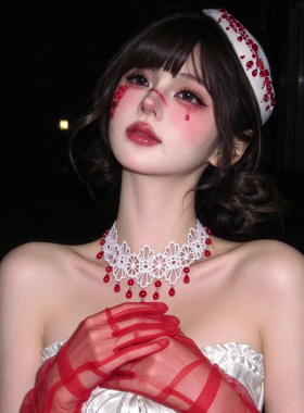 法式红色红色串珠蕾丝项链女2026新款颈链万圣节小众高级感锁骨链