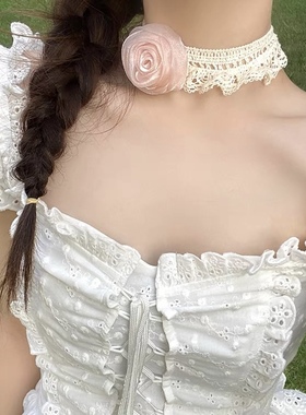 法式温柔玫瑰花绑带项链