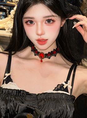 哥特风仿宝石蕾丝流苏项圈