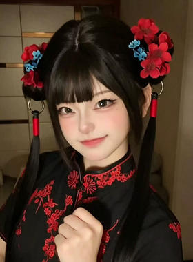 cos小厨娘红蓝撞色花朵发夹女