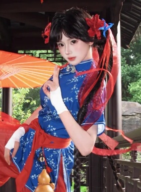 新中式复古cos小厨娘红色花朵发夹女中华娘蓝色百合花头饰万圣节