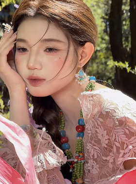 民族风蓝色绿松石珍珠耳环女