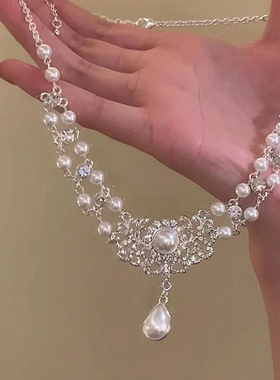法式复古水滴珍珠项链公主宫廷风锁骨新娘婚纱晚礼服镶钻锆石颈链