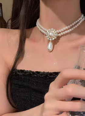 轻奢气质双层珍珠项链女叠戴小众高级感吊坠颈链锁骨链晚礼服配饰