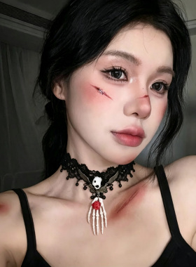 暗黑哥特风黑色蕾丝骷髅手爪项链