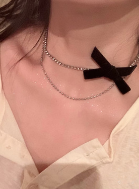 闪钻双层丝绒黑色蝴蝶结项链女
