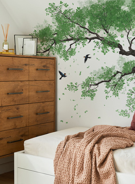 绿茵茵大树枝清新田园大树小鸟创意贴纸客厅房间自粘贴画防水墙纸
