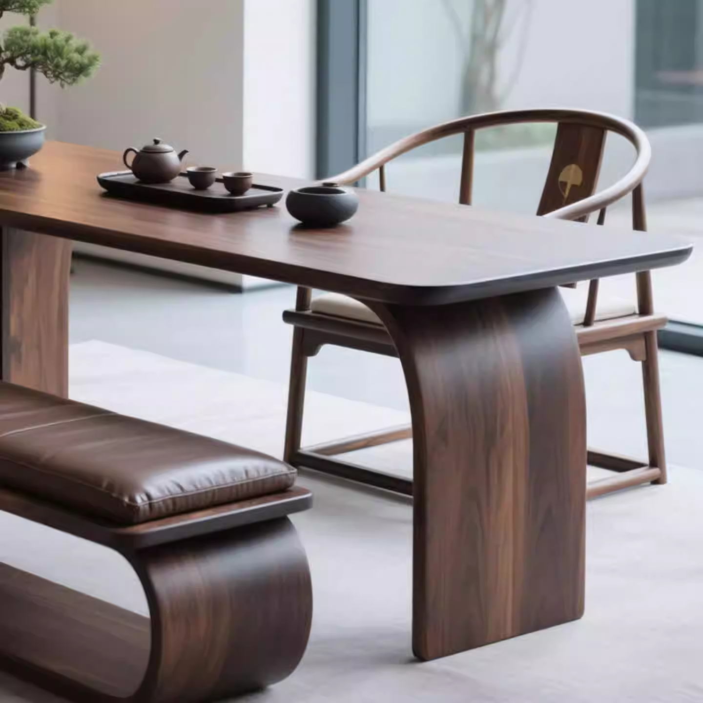 新中式北美黑胡桃木茶桌椅组合简约办公室民宿家用实木茶台茶几 - 图1