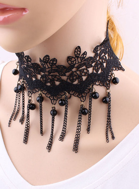 欧美复古蕾丝黑色宝石流苏锁骨链