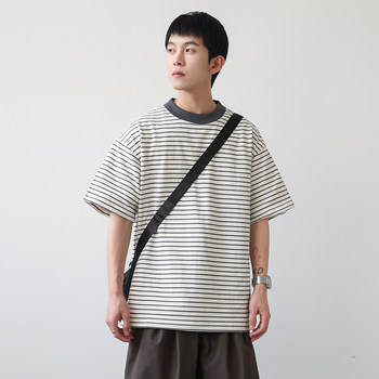 Sea Soul Striped T-shirt Men's Summer T-shirt Literary Youth Striped Contrast Color Round Neck Short Sleeve Couple Half Sleeve