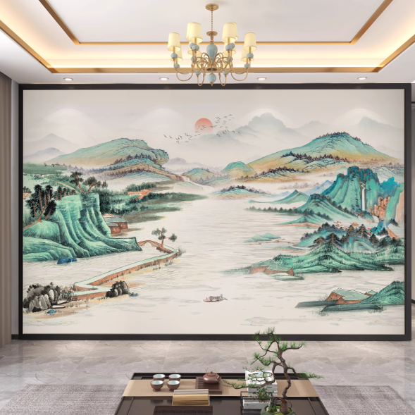 千里江山图壁纸新中式山水壁画沙发电视背景墙壁布定制,淘宝优惠券,粉丝福利购,淘宝优惠卷