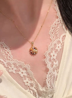 轻奢华丽七彩锆石太阳花项链百搭