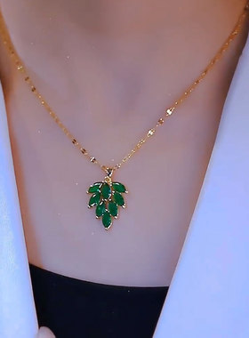 法式高端风金枝绿叶锆石项链时尚