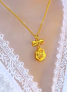 金色蝴蝶结玫瑰花吊坠项链时尚女