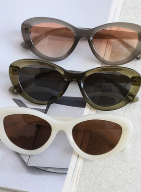 复古猫眼粗框偏光墨镜女条纹茶太阳镜圆脸显瘦防紫外线潮可配近视