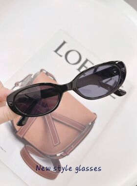 韩版蓝色爱心椭圆太阳眼镜男女高级感复古小框猫眼墨镜防紫外线潮