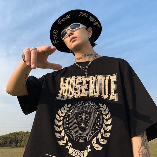 欧美潮牌t恤纯棉墨绿色短袖男夏季高街vibe美式复古小领口七分袖 - 图2