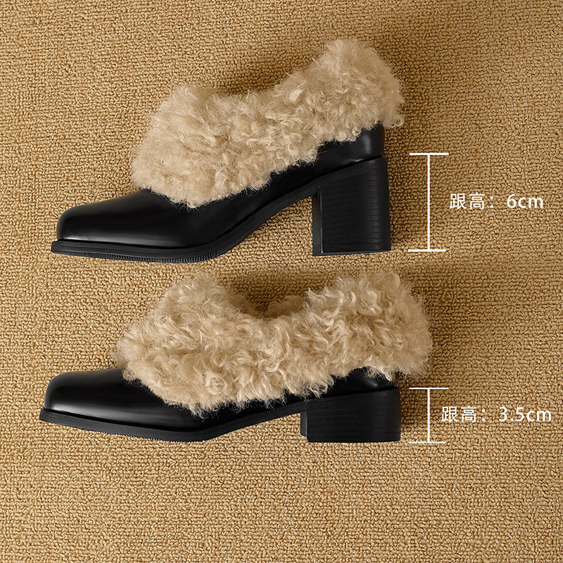 时髦精方头加绒羊毛真皮乐福鞋女高跟粗跟小皮鞋秋冬小个子毛毛鞋,淘宝优惠券,粉丝福利购,淘宝优惠卷