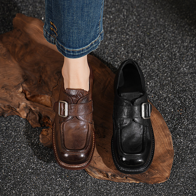 意大利重工水洗头层牛皮！2025新款法式皮带扣孟克英伦乐福鞋单鞋,淘宝优惠券,粉丝福利购,淘宝优惠卷