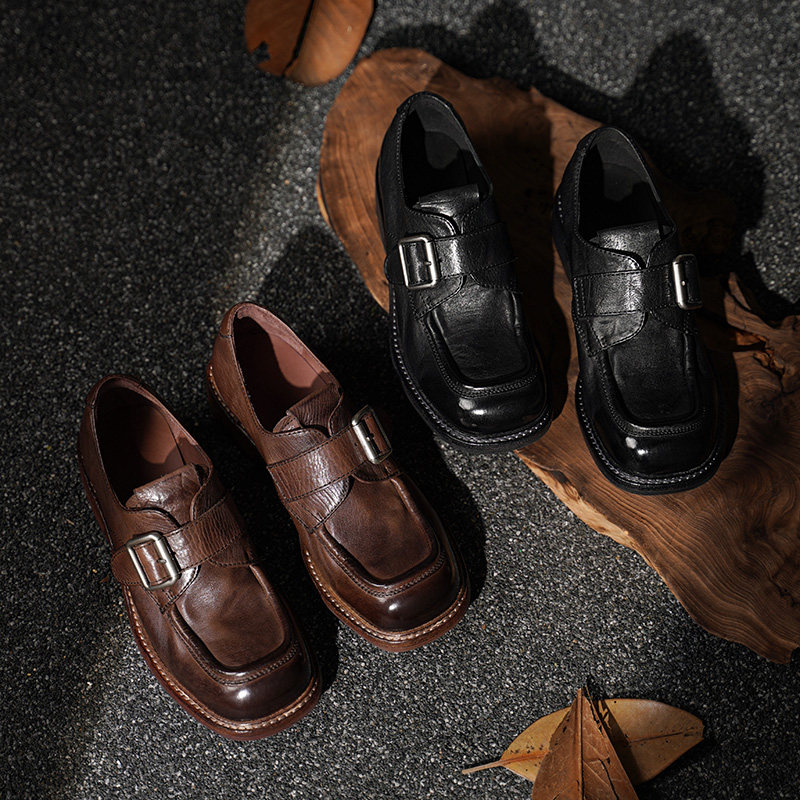 意大利重工水洗头层牛皮！2025新款法式皮带扣孟克英伦乐福鞋单鞋,淘宝优惠券,粉丝福利购,淘宝优惠卷